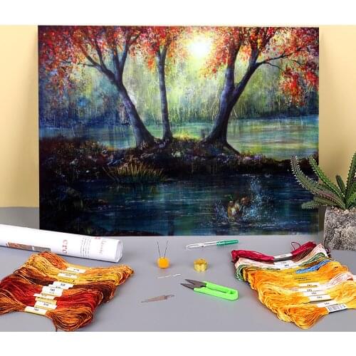 Natural Scenery Autumns Welcome Printed Water-Soluble Canvas 11CT Cross-Stitch DIY Embroidery Patterns DMC Stamped