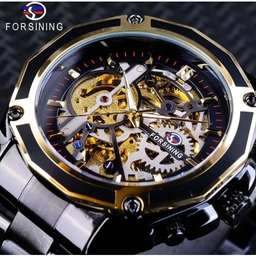 Forsining Steampunk Style Mens Skeleton Watches Black Automatic Mens Watch Top Brand Luxury Luminous Hands Horloges Mannen