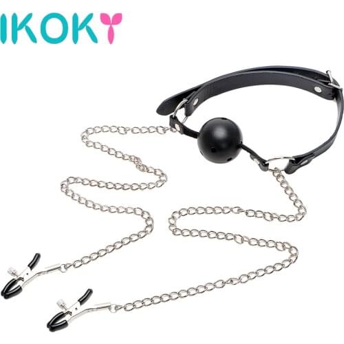IKOKY Open Mouth Ball Gag with Nipple Clamp Breast Lip Stimulator Sex Toys for Women Men Couple Oral Fixation Adult Games