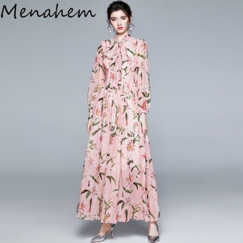 Menahem Fashion Designer Lily Floral Print Maxi Dress Womens Bow Tie Collar Pink Elegant Pleated Holiday Chiffon Long Dresses