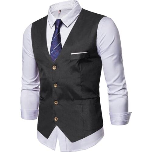 Suit Vest Men Slimming Fit Korean Style Four-button Waistcoat Pure Color Groomsman Waistcoat
