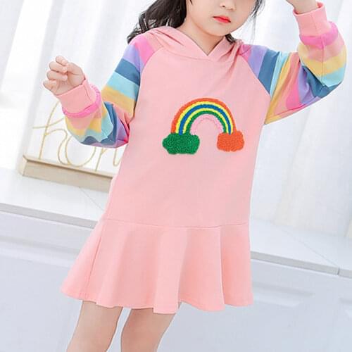 Oyolan Spring Autumn Girls Hoodie Dress New Dresses for Girls Cartoon Ruffle Rainbow Childrens Dress Cotton Kids Casual Clothes