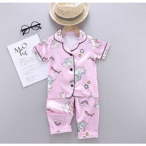 Spring Summer Unicorn Girls Pajamas Sets Ins Childrens Home Clothes Cartoon Ice Pyjamas Kids Pink Short Sleeve + Long Pants Set