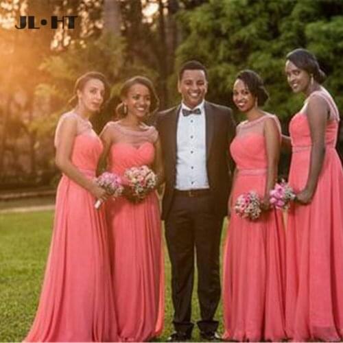 Coral Illusion Bridesmaid Dresses Pearls Cap Sleeve Chiffon Wedding Party Dress Chiffon Wedding Guest Bridesmaid Dress