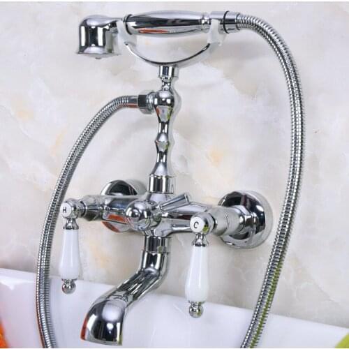 Polished Chrome Brass Double Ceramic Handles Wall Mounted Bathroom Clawfoot Bathtub Tub Faucet Mixer Tap w/Hand Shower ana201