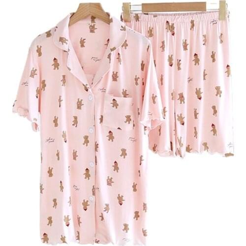 Printed Modal Casual Sleep Wear Women Summer Short-sleeved Shorts Home Pajamas Suit Pink Cardigan Shirts Pizama Damska Komplet