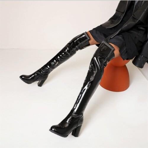2021 Over The Knee Boots Platform Boots High Heel Square Heels Women Boots Patent Leather Boots Martin Boots Женские сапоги