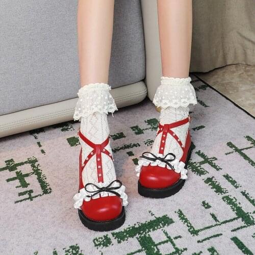 Vintage Cute Lace Bowknot High Heel Women Shoes Pumps Sweet Ladies Lolita Shoes Princess Kawaii Wedding White Girl Cosplay Shoes