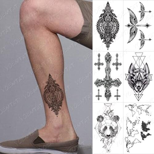 Waterproof Temporary Tattoo Sticker Leg Arm Black Flower Cross Feather Wing Wolf Tatoo Body Art Fake Tatto Man Woman Child Flash