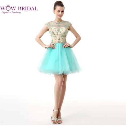 Wowbridal Mint Green Beaded Short Homecoming Dresses 2021 New Zipper Scoop Junior High Cute 8th Grade Graduation Dresses SH0012