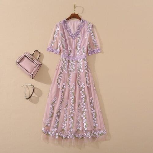 Womens European and American wear 2021 summer new style Short-sleeved V-neck flower embroidery Fashionable purple dress