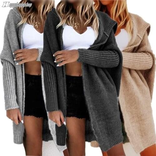 2021 Womens Hooded Sweaters Autumn Winter Female Girls Warm Bat Sleeve Cardigans Coat Loose Casual Knitwear Outwear
