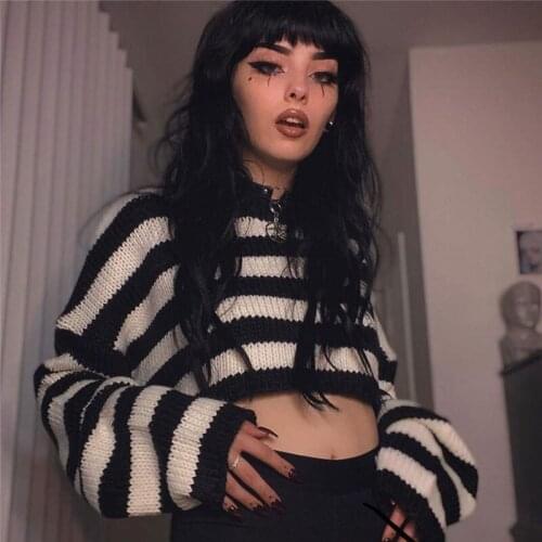 Y2K 2021 Women Korean Style Cropped Sweater Gothic Harajuku Long Sleeve Stripe Sweater Autumn Crop Tops Black White
