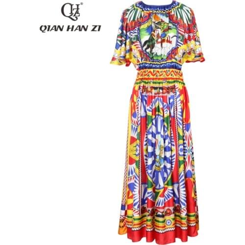 Qian Han Zi designer fashion runway summer dress Lotus sleeve vintage Roman pattern printing Silk dress Women new 2021