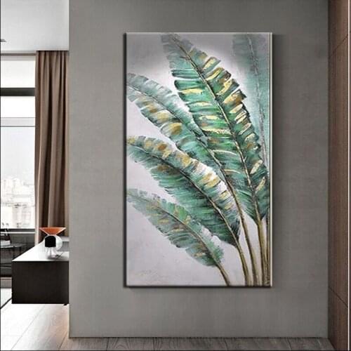 100% Hand-Painted Pictures Green Banana Leaf Gold Foil Abstract Oil Paintings Large Oil Painting Modern Art Design Canvas