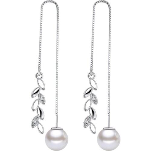 100% 925 sterling silver fashion pearl leaves design long drop earrings for women jewelry gift wholesale drop shipping