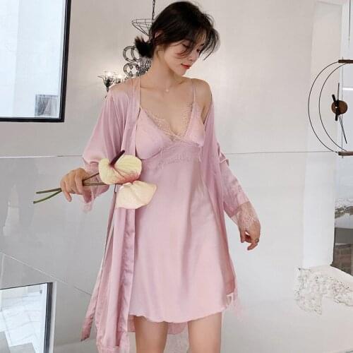 2PCS Women Lace Robe Sets Sexy Bride Dressing Bathrobe Gown Sleepwear V-Neck Nightdress Nightwear Summer Loungewear Home Dress