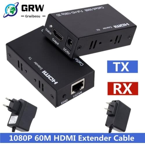GRWIBEOU 60M HDMI Extender 1080p 3D HDMI Transmitter Receiver over Cat 5e/6 RJ45 Ethernet Converter US EU Plug