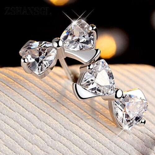 Delicate Solid silver color Sparkling Bow Stud Earrings With Clear CZ Women Party Luxury Fine Jewelry Gift cross earrings