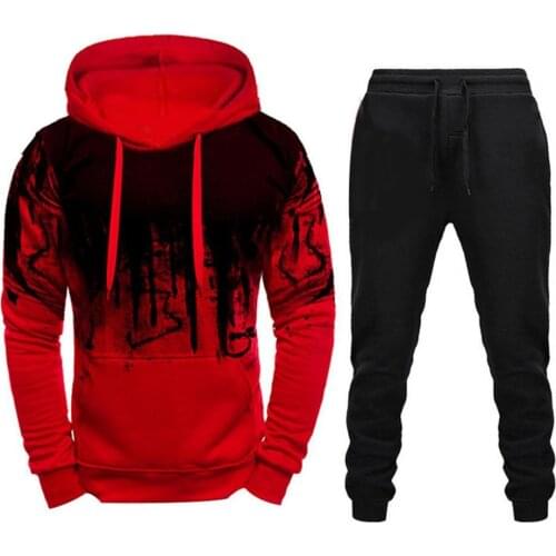 Printing Hooded Sweatshirt Set Plus Size Autumn Winter Men Long Sleeve Drawstring Warm Hooded Ankle Tied Long Pant Tracksuit Set