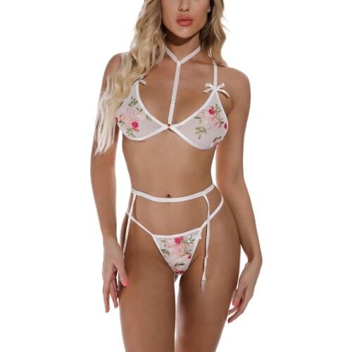 2 Pieces Lingerie Set Female Flower Embroidery Spaghetti Strap Bikini Tops+ Panties for Summer Hollow S/M/L
