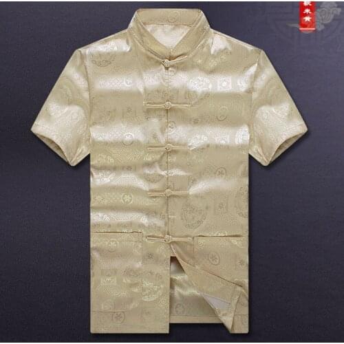 Short Sleeve Summer Men Tang Suit Top RayonShirt Blouse Dragon Printing Traditional Chinese Clothes for Men Old People Plus Size