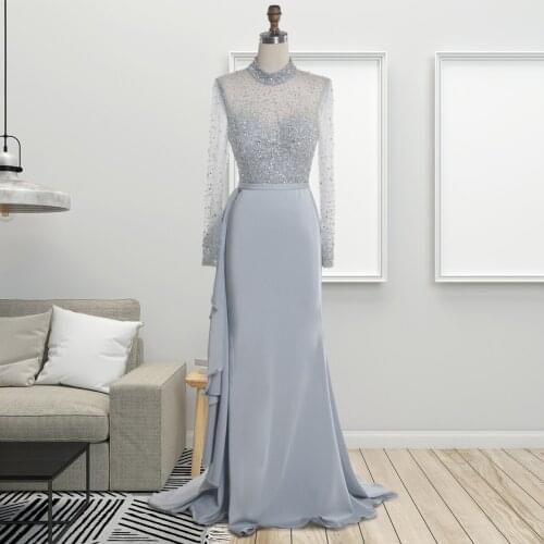 Lemon Joyce Beading Evening Dresses 2021 Luxury Long Sleeves High Neck Crystals A-line Musilm Evening Gown Plus size