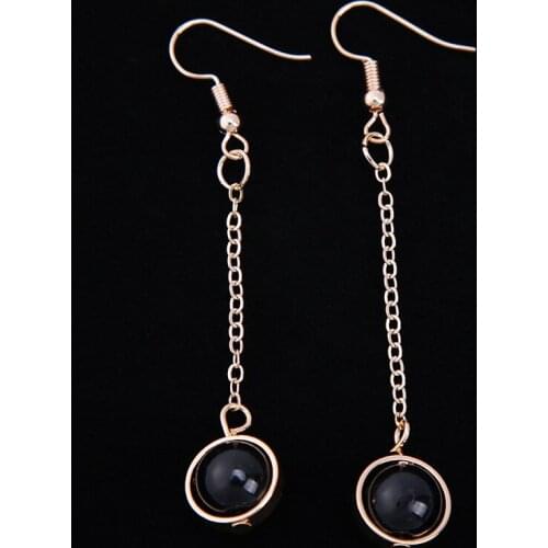 Small Golden Hoop Center Black Bead Chain Pendant Drop Earrings Dangle Earrings for Women