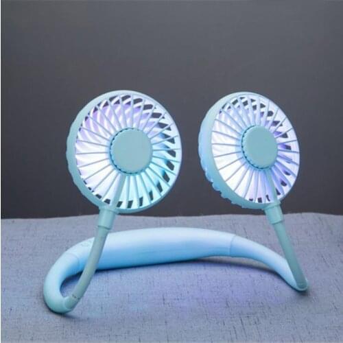 Mini Hand Free Small Fan Battery Mini Portable Pink Fan with Colorful Lights Two Fans Hanging Around The Neck for Sport