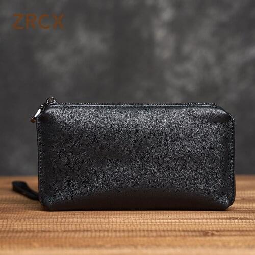 ZRCX Mens Genuine Leather Clutch Bag Top Layer Cowhide Handbag Mens Casual Soft Leather Long Wallet Simple Mobile Phone Bag
