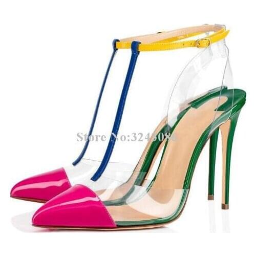 New Mixed Color PVC Women Sandals Fashion Candy Color T-Strap Pointed Toe Stiletto Heel Gladiator Sandals Lady Large Size Shoes