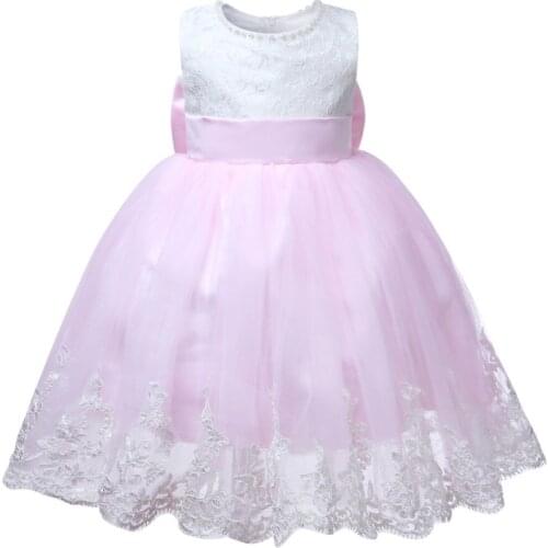New Kids Dress Pink Lace Girl Prom Princess Formal Dress Sleeveless Bow Flower Girls Dresses Pageant Party Wedding Ball Gown