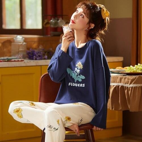 Autumn Hot Sell Loose Two-piece Set Lady Nightie Printed Casual Home Wear Pure Cotton Long Sleeve Trousers Women Pajamas Set