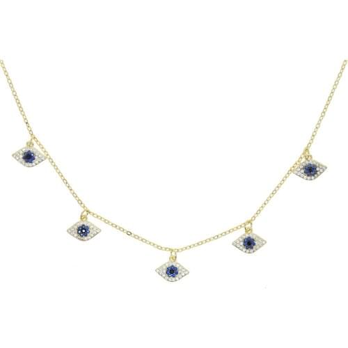 Micro Pave White Blue Cubic Zirconia CZ Evil Eye Charm Gold Color Choker Necklace