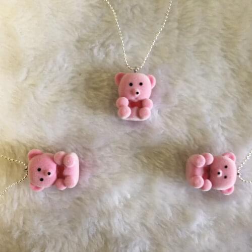 3 Pcs Cartoon Bear Neacklace with Ribbon Kawaii Plush Flocked Bear Pendant Necklace Candy Color INS Style Neacklace