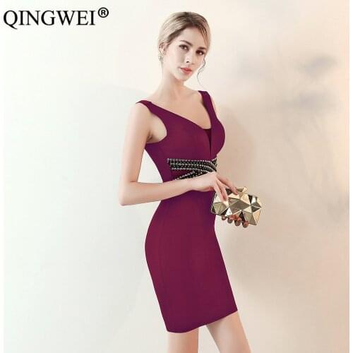 2019 new sexy v-neck short paragraph bag hip dinner annual meeting performance host dress small dress slim slimming party dress