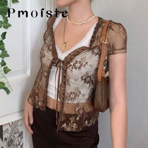 See Through Sexy Mesh Woman Tshirts Sweetown Brown Vintage Y2K Lace Crop Top Short Sleeve V Neck Lace Up Floral Kawaii Clothes