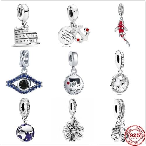 Genuine 925 Sterling Silver Charm Four leaf Building Fish Eyes Flower Beads Fit Original Pandora Bracelet Charm Jewelry Gift