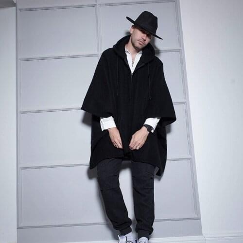 Woollen coat for men autumn/winter outfit British mens overcoat loose hooded cape bat woollen coat thick coat fashionable