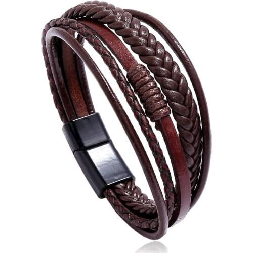 Vintage Handmade Weave Multilayer Brown Black Leather Men Bracelets Women Magnet Clasp Buckle Femme Homme Charm Gift Jewelry