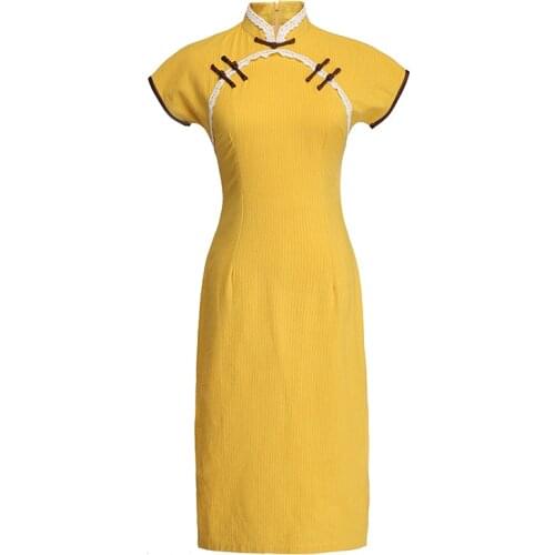 PERHAPS U Yellow Green Chinese Style Cheongsam Striped Patchwork Lace Button Mandarin Collar Split Mini Dress D1891