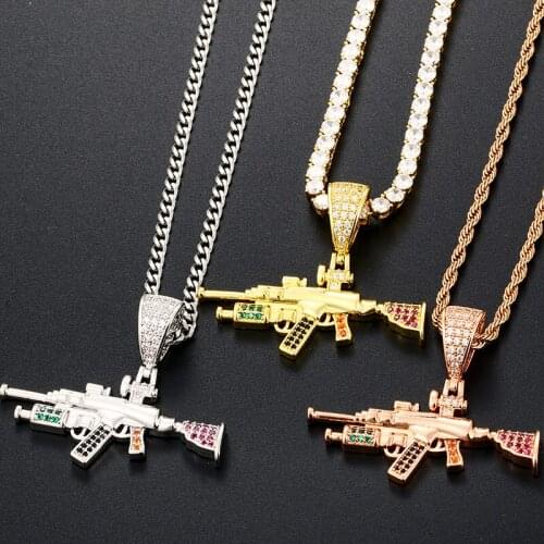High Quality Iced Out Bling Submachine Gun Pendant Necklaces Micro Pave Zircon Charm Necklace Men Hip Hop Jewelry Fashion Gifts