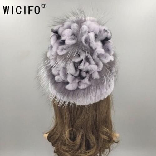 Womens Bomber Real fur Hat for women Rabbit fur hats and fox fur Fluffy beanies fashion Knitted cap warm Protection Ear for wom