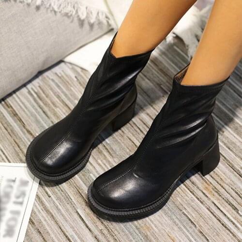 Women Boots Ankle PU Low Heels Platform Zipper Females Casual Shoes Classic Retro Leisure Mature Ladies Footwear Spring Autumn