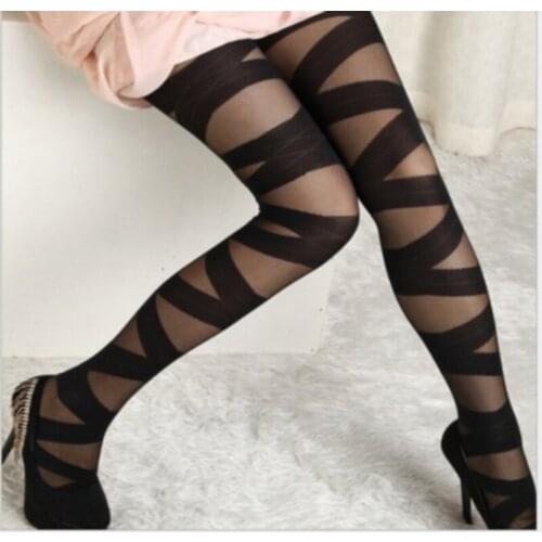 Women Sexy Skinny Stockings Vertical Stripe Transparent Fashion Cross Bandage Breathable Pantyhose Stockings