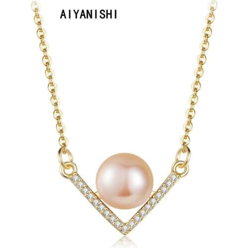 AIYANISHI Retro18K Gold Filled Natural Freshwater Pearl Necklaces V Shape Pearl Pendant Necklace For Women Wedding Party Jewelry