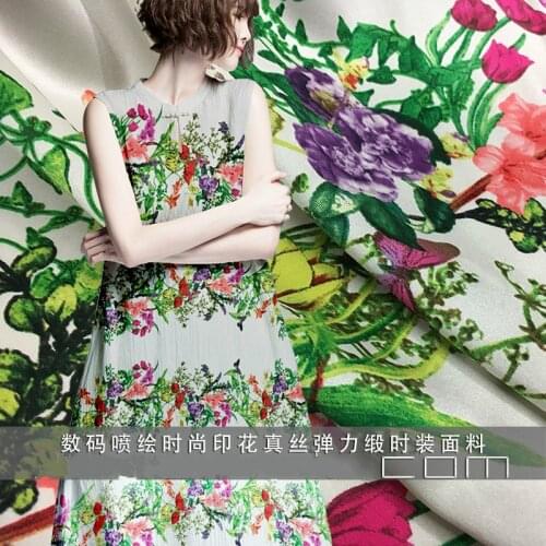 108cm wide 25mm silk & spandex flower print stretch white silk satin fabric for dress shirt clothes cheongsam C019