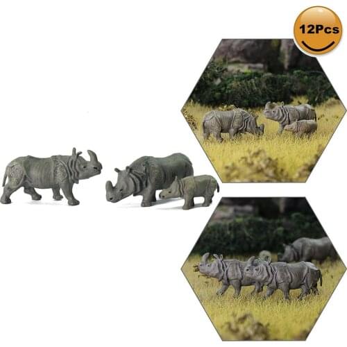 12pcs/24pcs Model Train 1:87 Rhino PVC HO Scale Painted Wild Animals Model Rhinoceros Layout AN8711