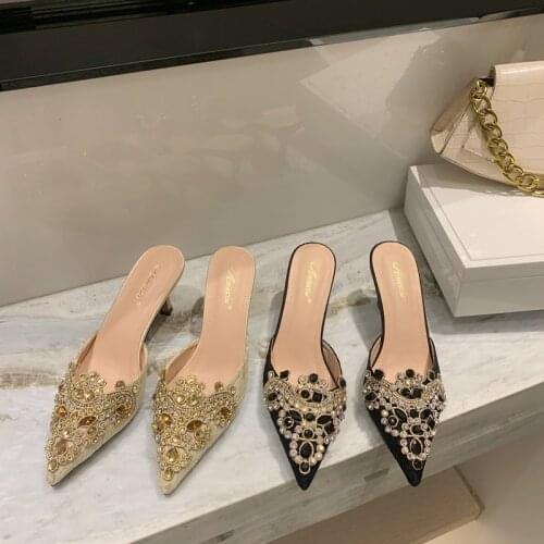 2021 Spring Women Slippers Mules Shoes Fashion Rhinestone Pointed Toe Hollow Colorful Slides Clear High Heels Sandals Slides 39