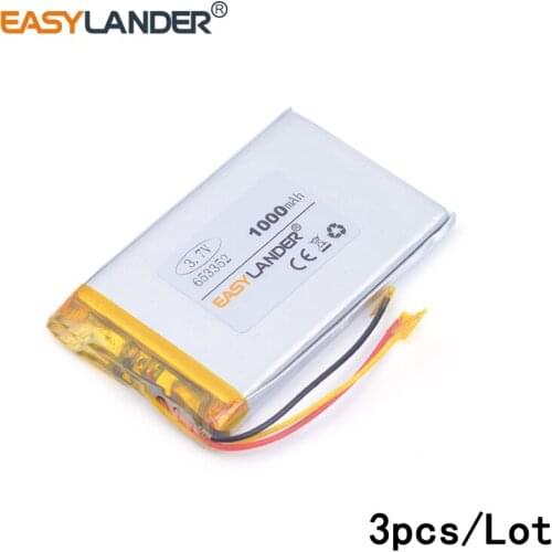 3pcs /Lot 3.7v 3-wire 1000mAH 653352 lithium Li ion polymer rechargeable battery for Smart watch GPS mp3 mp4,cell phone,speaker
